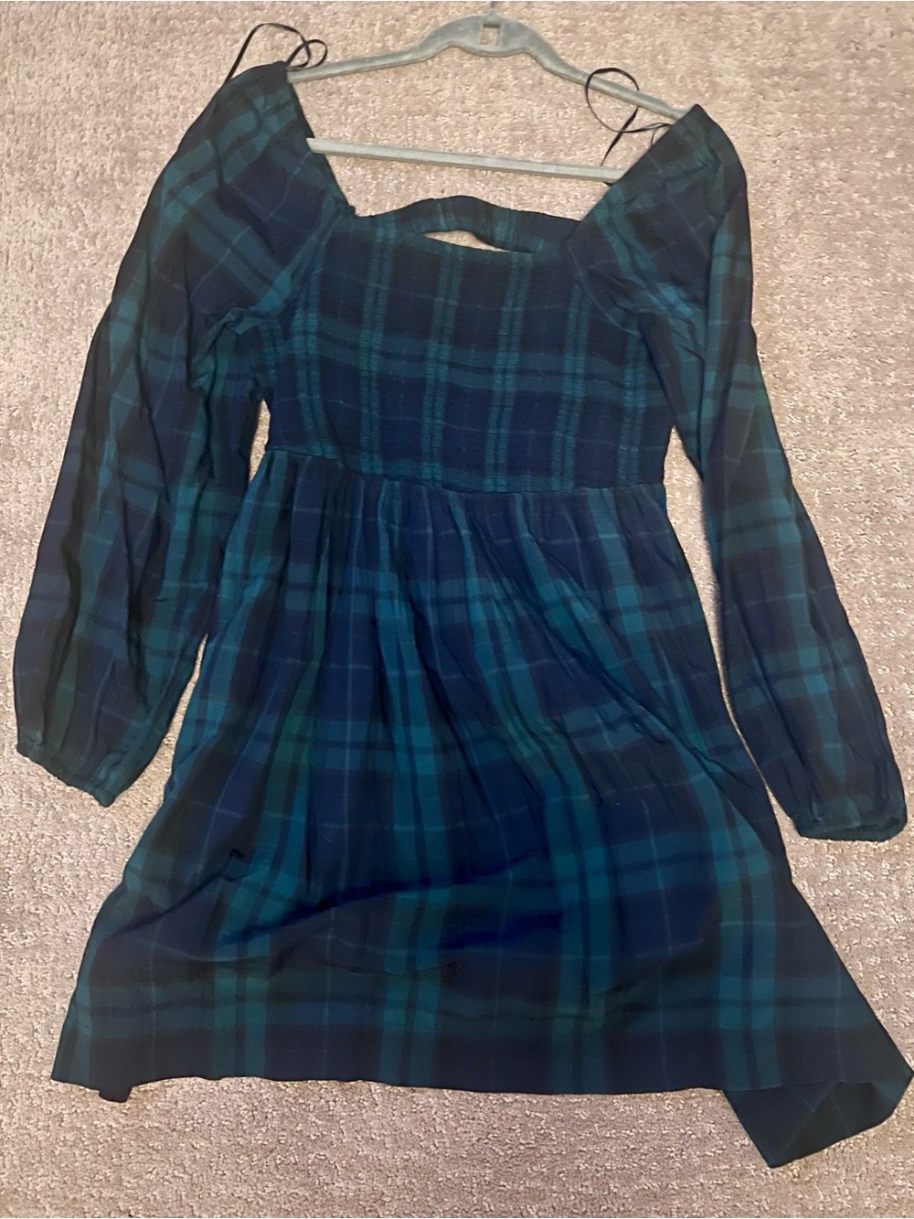 Old Navy Teal & Navy Plaid Puff-Sleeve Square-Neck Dress
